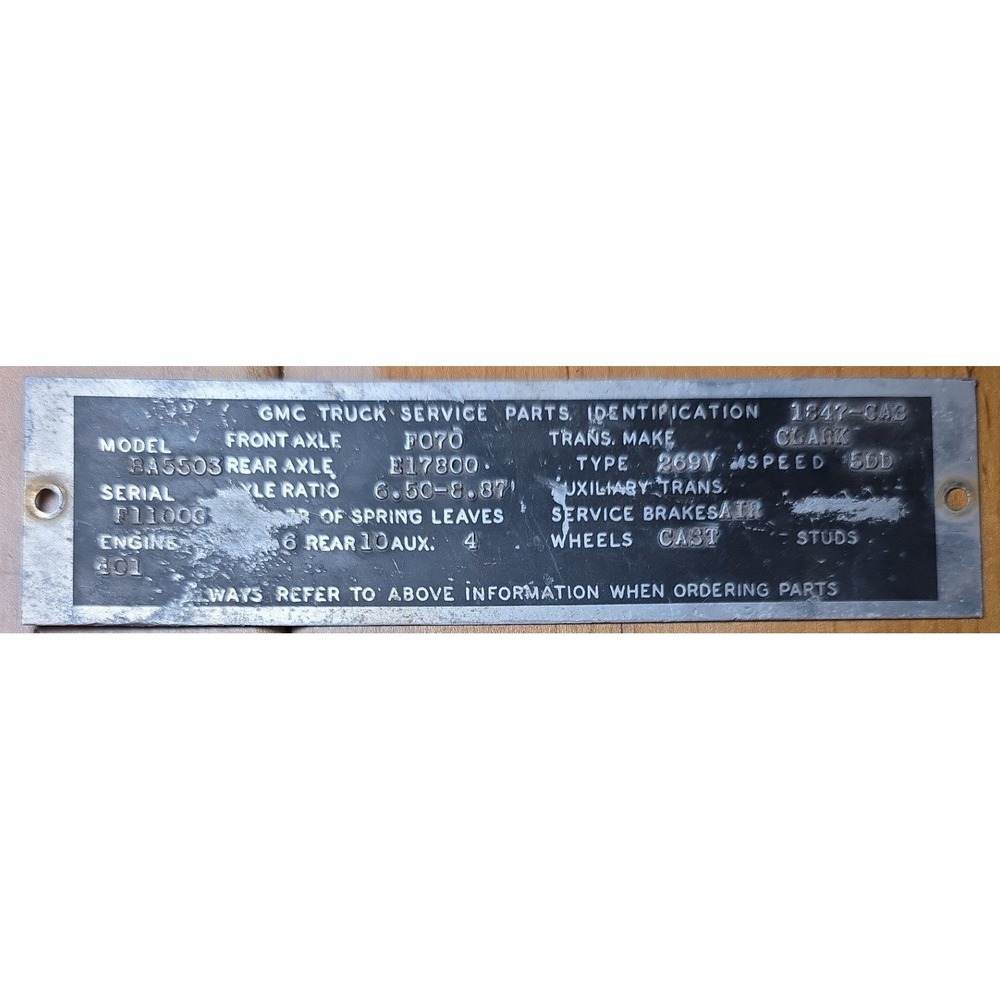 GMC Truck Identification Data Plate 1947-1955